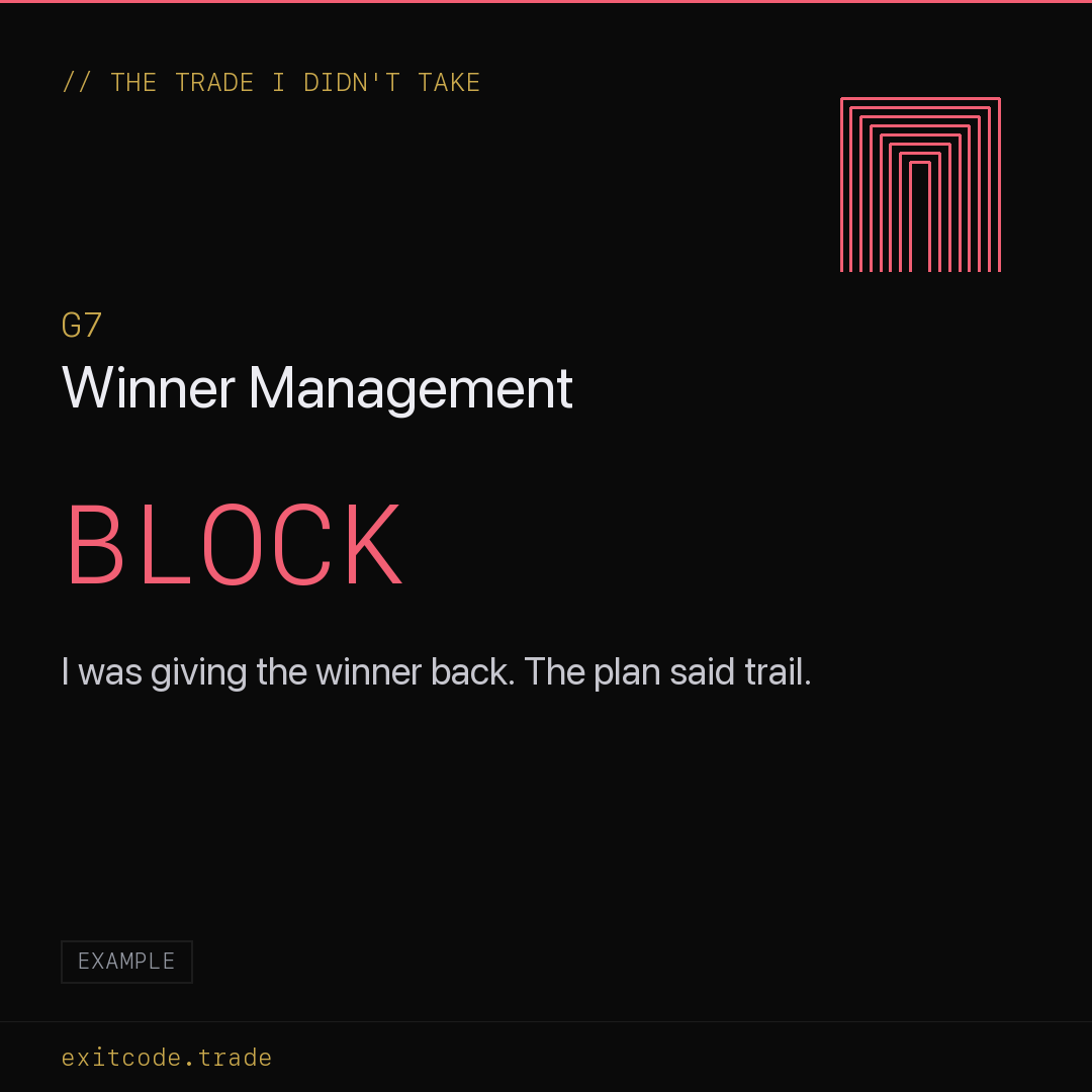 Blocked at Gate 7, Winner Management: I was giving the winner back, the plan said trail.